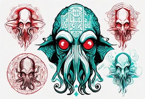 cthulhu, H. P. Lovecraft, old ritual, in the style of abstract portraits, textured pigment planes, red and cyan, stencil art tattoo idea