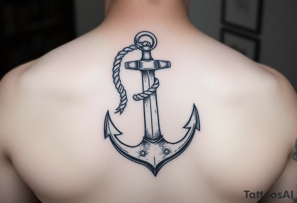 weathered anchor wrapped in nautical rope with sea waves tattoo idea