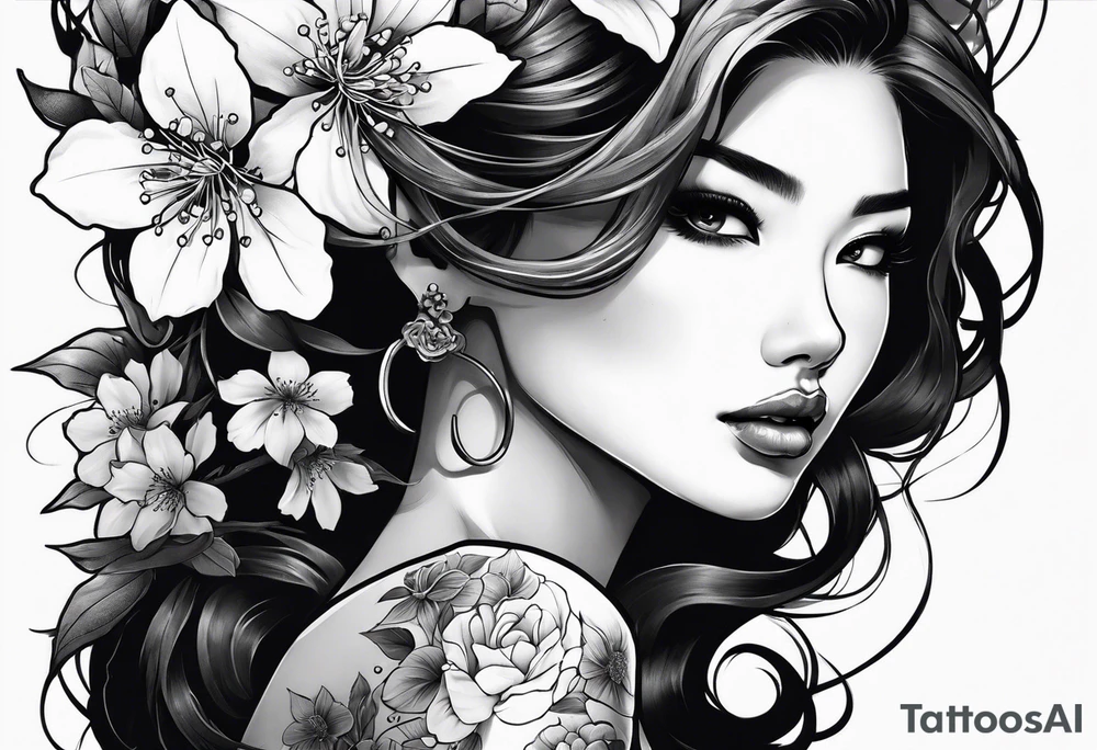 Two face girl with cherry blossoms tattoo idea