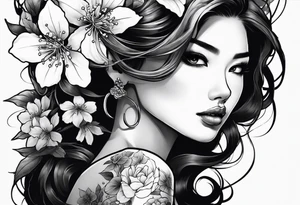 Two face girl with cherry blossoms tattoo idea