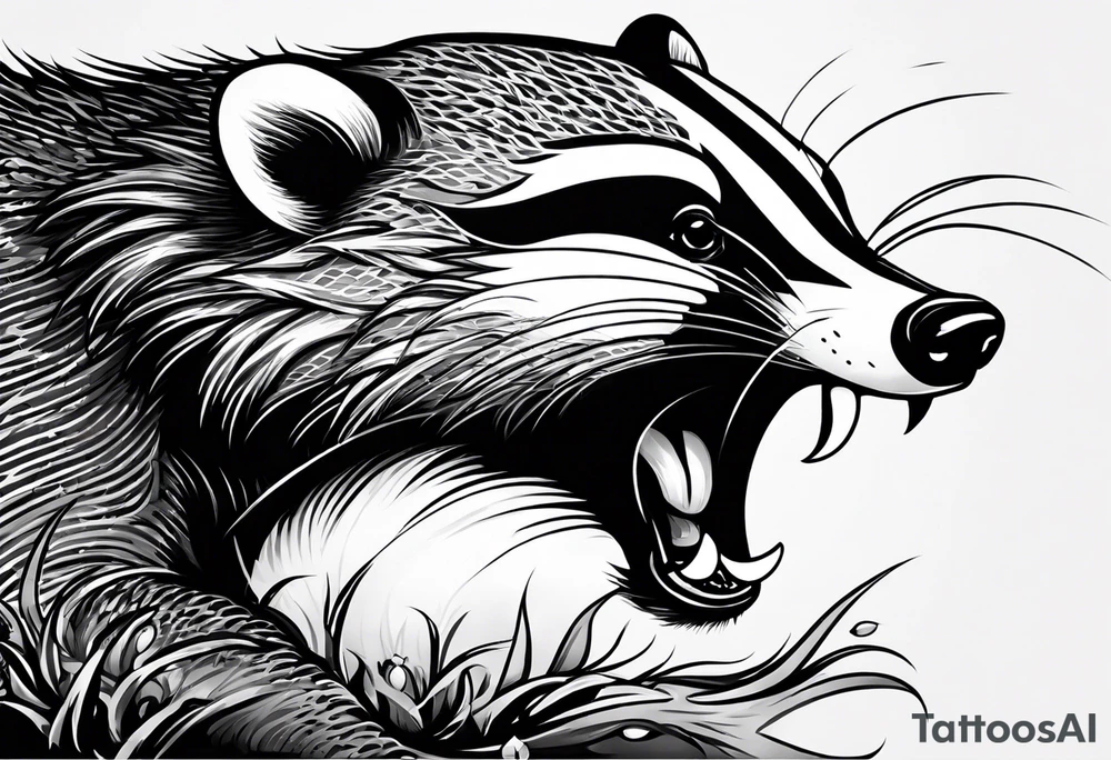 Draw me badger with aggressive full body, killer face with cute smile, very long nails and he attacks like a Turkish gladiator to enemy and also he has very deadly looking. The only weapon is his braveness he fights with his nails. tattoo idea