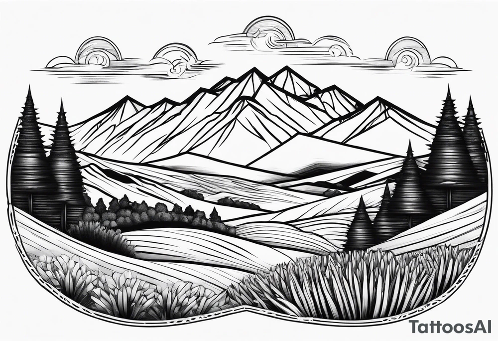 negative blackwork with mountains, hills and wheat field at bottom tattoo idea negative blackwork with mountains, hills and wheat field at bottom tattoo idea