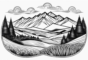 negative blackwork with mountains, hills and wheat field at bottom tattoo idea