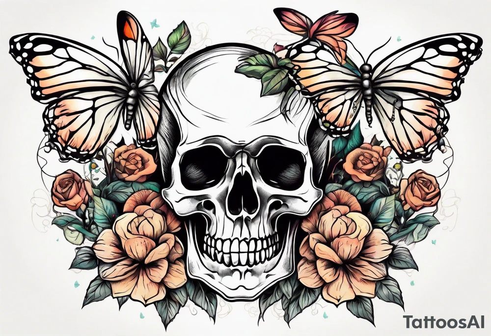 skeleton with body and flowers around it vintage sketch pretty and butterflies tattoo idea