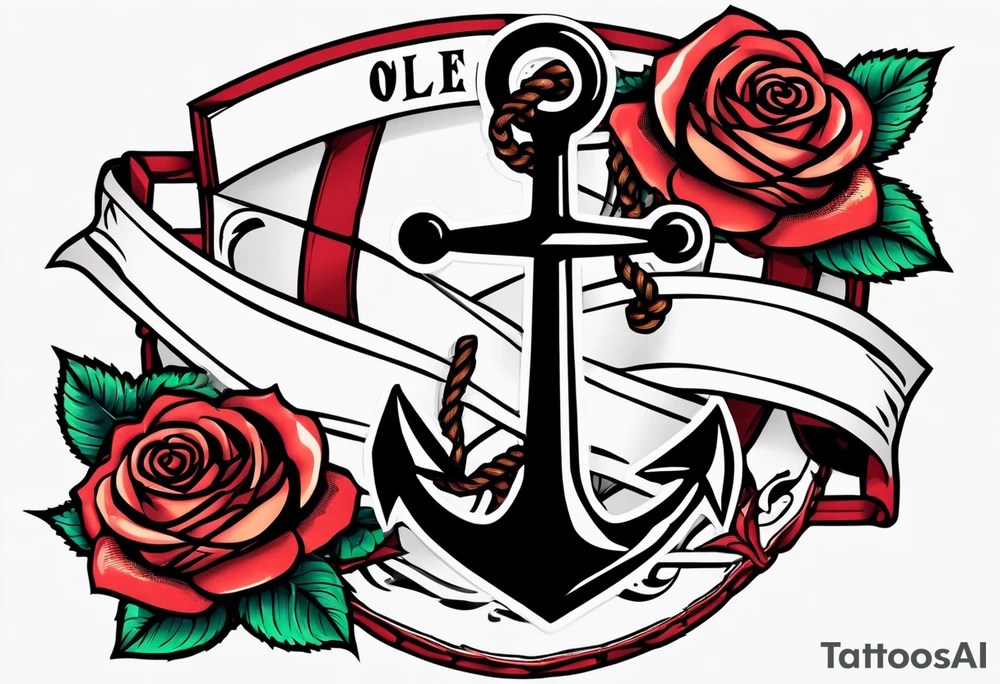 old school anchor sitting at an angle 
with rope wrapped around anchor and banner across anchor and old school roses tattoo idea