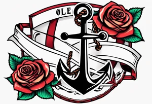 old school anchor sitting at an angle 
with rope wrapped around anchor and banner across anchor and old school roses tattoo idea