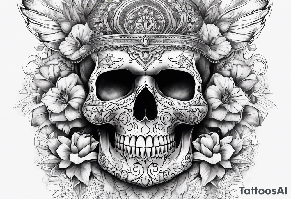 Draw me a skull with smoke out of his mouth add some flowers underneath with some mandalas Down under it tattoo idea