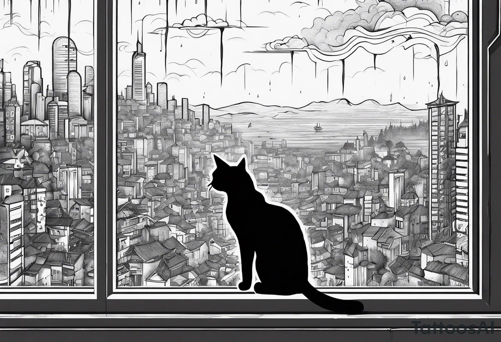 post apocaliptic city, with cat, rain tattoo idea