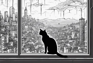 post apocaliptic city, with cat, rain tattoo idea