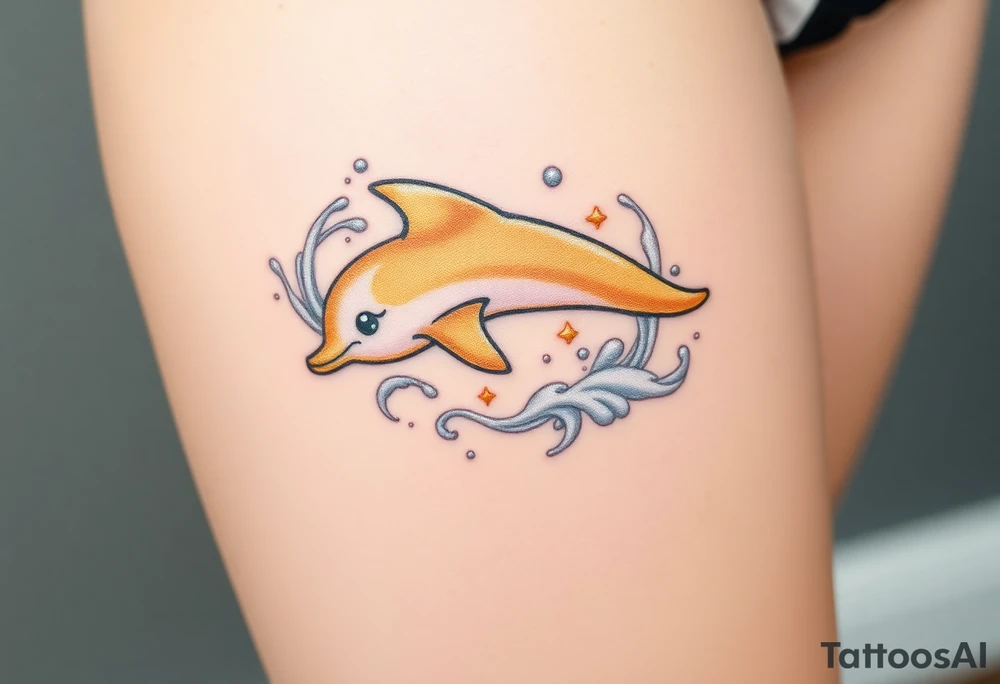 A golden dolphin silhouette, surrounded by swirling white and silver water splashes tattoo idea