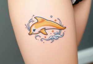 A golden dolphin silhouette, surrounded by swirling white and silver water splashes tattoo idea