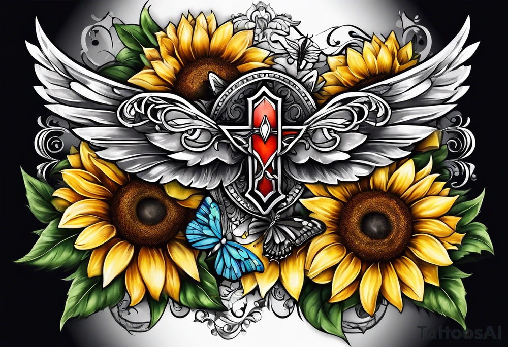 Winged cross with sunflower and butterflies tattoo idea