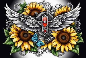 Winged cross with sunflower and butterflies tattoo idea