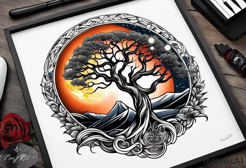design moon tree campfire guitar tattoo idea