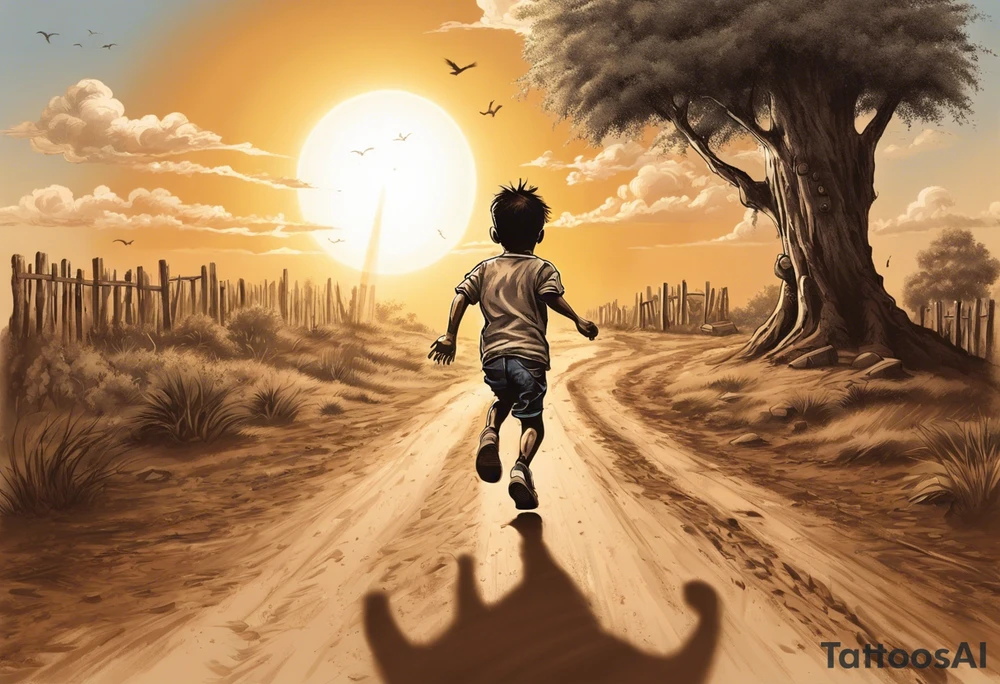 a male child running on a dirt road.
the child is running away towards a sun that is being hugged by a hammer.
on the left side of the dirt road pointing at the child ak47 and rpg.
on the right side there are trees.
under the sun clouds form the date 07.10.2023 tattoo idea
