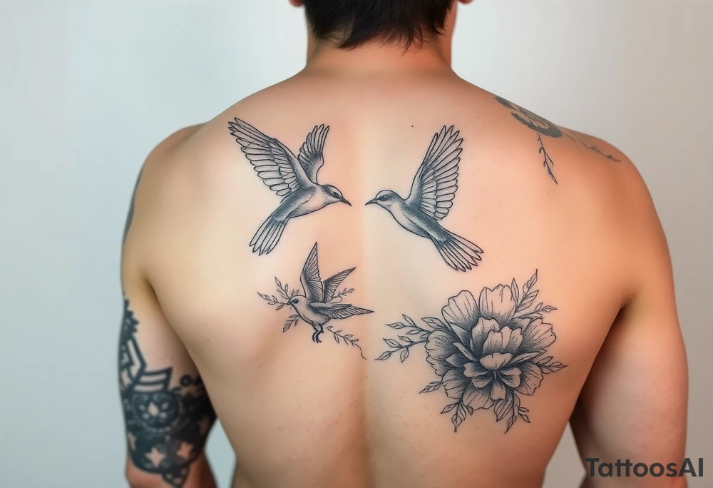 Floral thigh and leg sleeve tattoo with birds tattoo idea