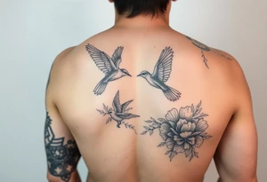 Floral thigh and leg sleeve tattoo with birds tattoo idea