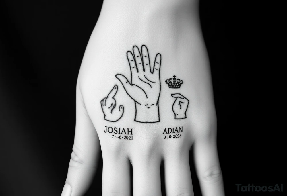 Womens hand out reached holding two small hands one of a 2 year old one of a new born and under the 2 yr Olds hand the name JOSIAH  and in romen numbers 7-6-2021 with a crow. and under the new horns hand the name ADIAN and the number 3-10-2023 in roman numbers with a smaller crown the the 2 yr holds tattoo idea