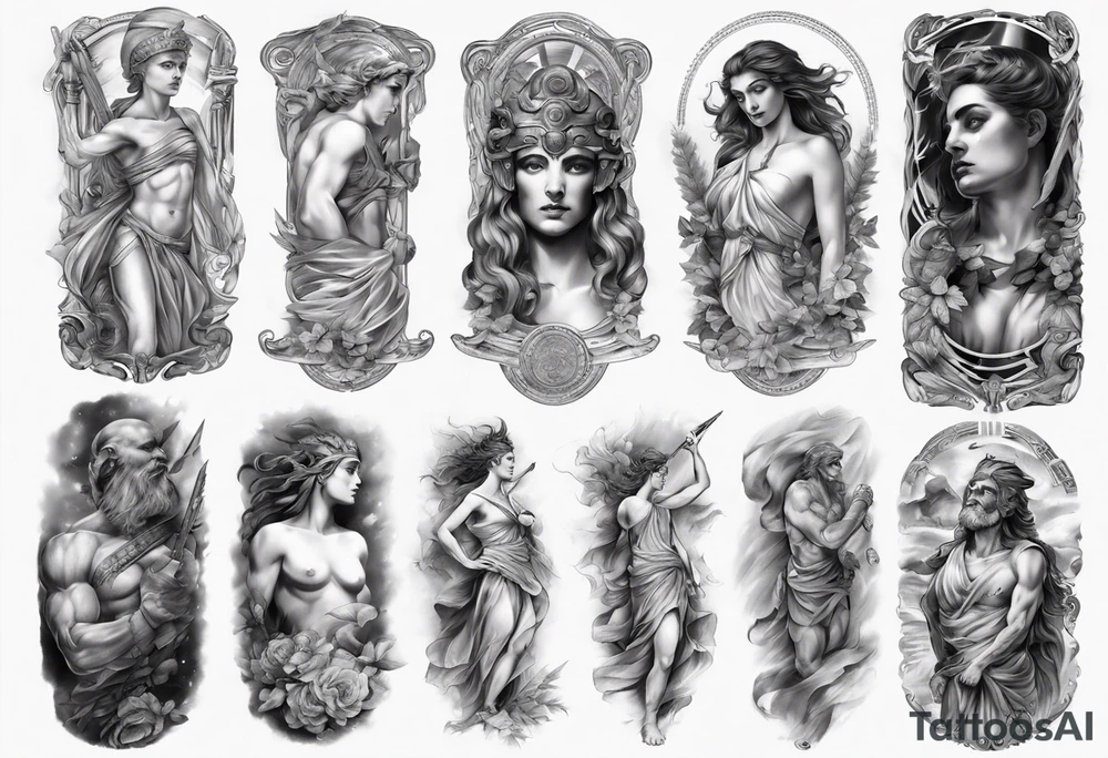 GREEK MYTHOLOGY ARM SLEEVE 
REALISTIC tattoo idea