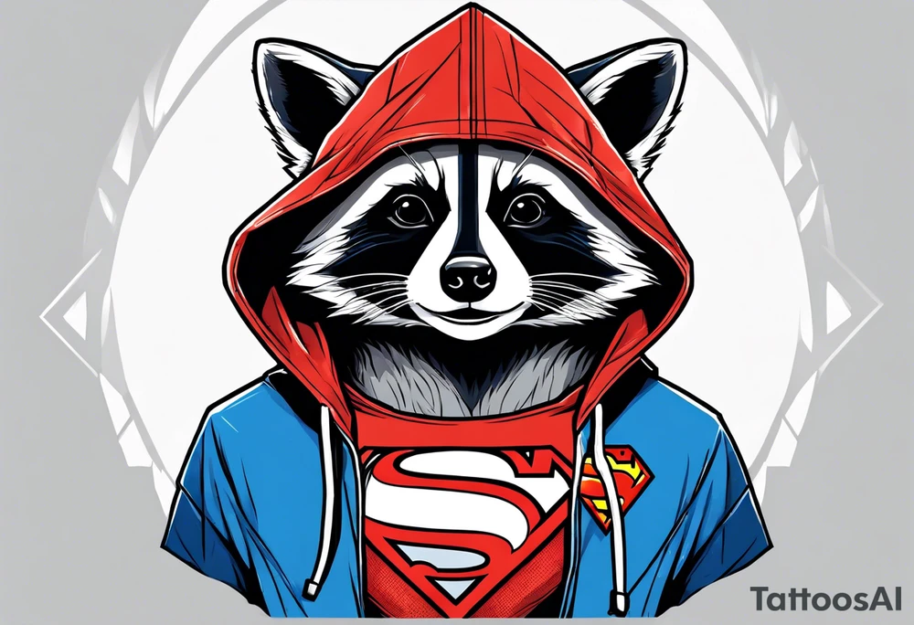 Raccoon wearing a Superman hoodie tattoo idea