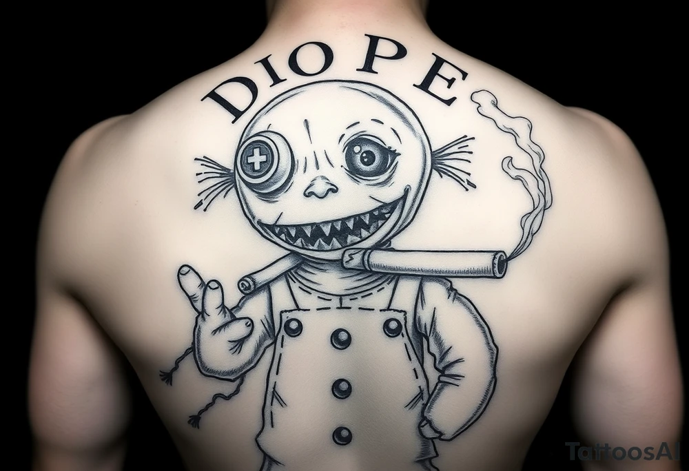 Stitched up rag doll with a button as one eye and some thread as the other. Scary. Warn down. Razor like shark teeth with blood dripping. Holding some money in one hand and a cigar in the other hand. Smoke pouring off the cigar with the cloud of smoke above spelling out the word DOPE tattoo idea