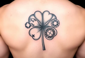 A. Four-leaf clover with dice, playing cards, a slot machine, and a roulette table in each leaf tattoo idea