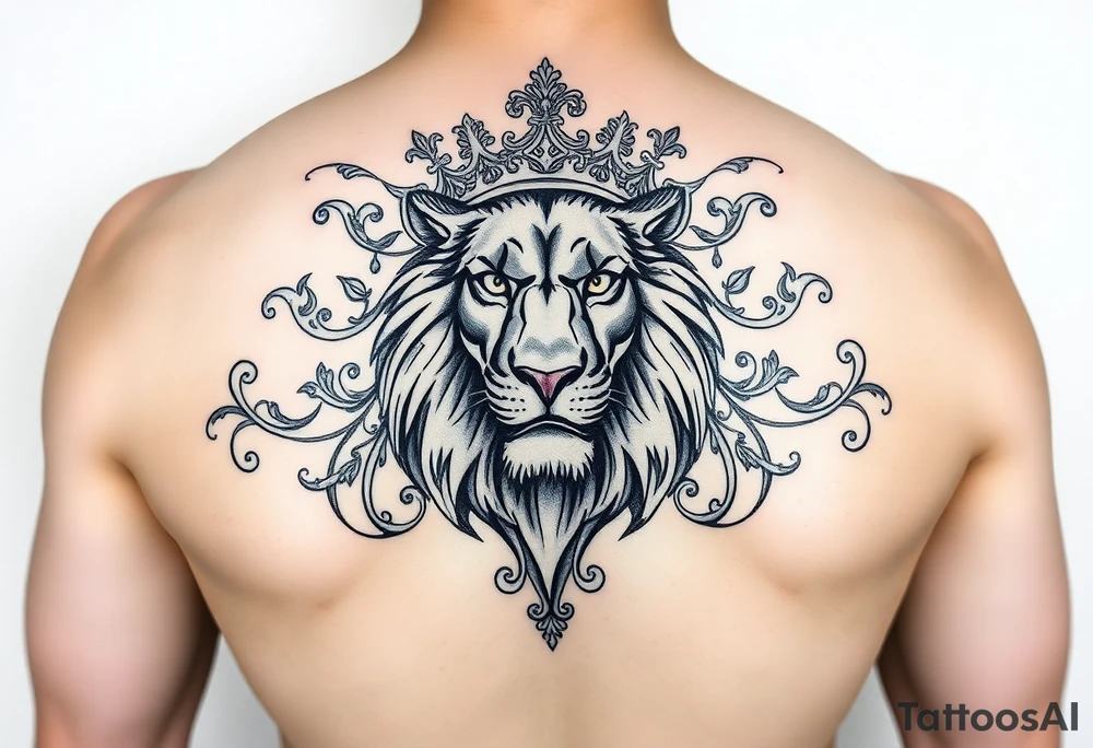 majestic lion wearing ornate crown, surrounded by baroque flourishes tattoo idea