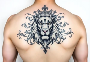 majestic lion wearing ornate crown, surrounded by baroque flourishes tattoo idea