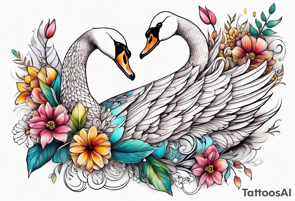 Colorful swan tattoo with flowers tattoo idea