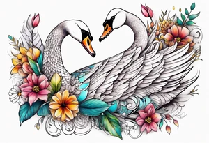 Colorful swan tattoo with flowers tattoo idea