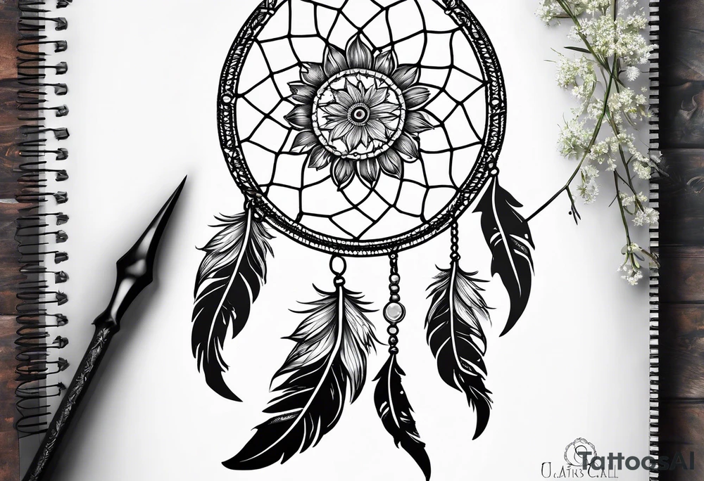 large dream catcher with the scorpio zodiac in the center queen Ann's lace flowers hanging from the bottom tattoo idea