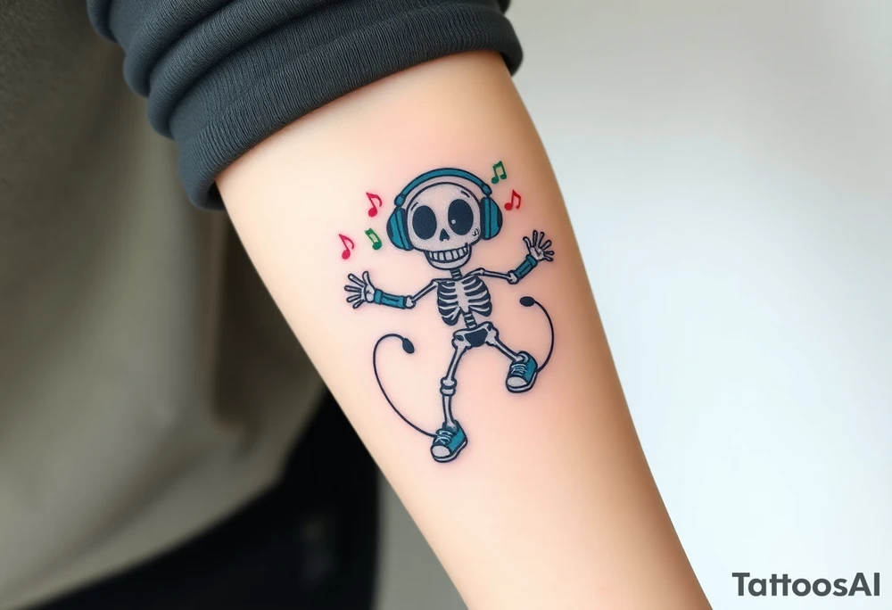 Funny smiley skeleton with love shape in his eyes jumping on a jump rope with blue headphones and blue armbands and blue sneakers with colorful music notes around his head tattoo idea