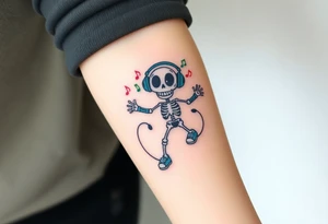 Funny smiley skeleton with love shape in his eyes jumping on a jump rope with blue headphones and blue armbands and blue sneakers with colorful music notes around his head tattoo idea