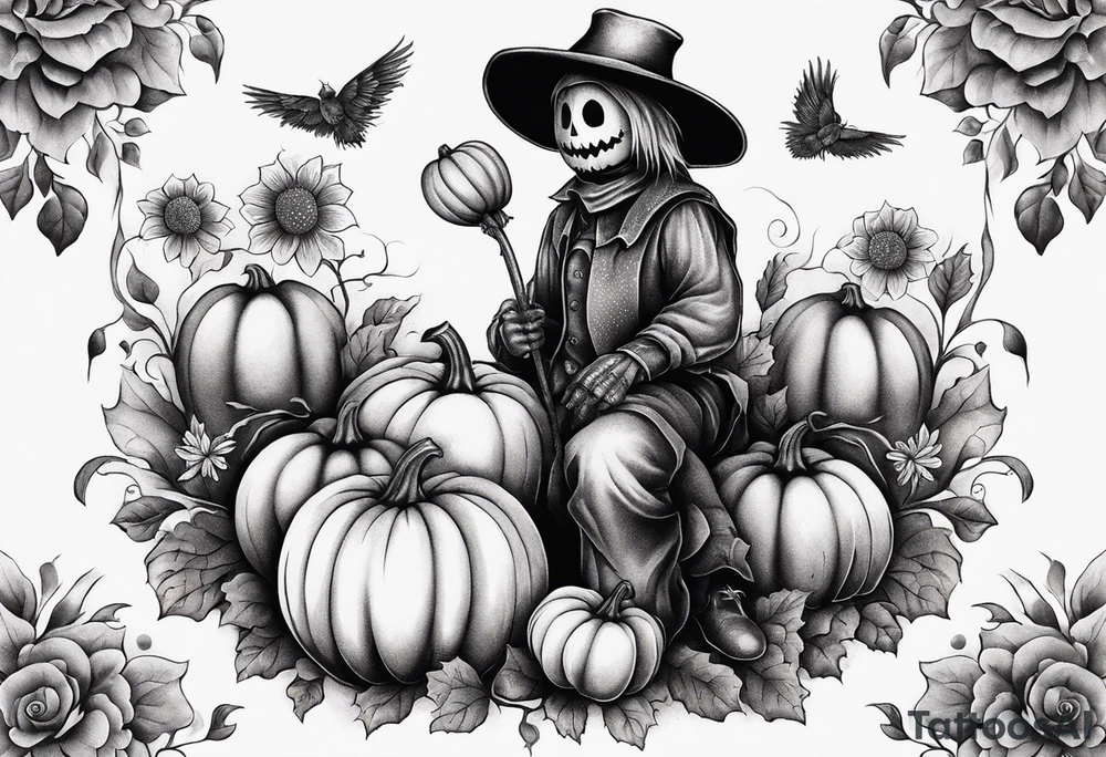 Scarecrow with pumpkins and flowers tattoo idea