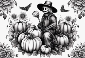 Scarecrow with pumpkins and flowers tattoo idea