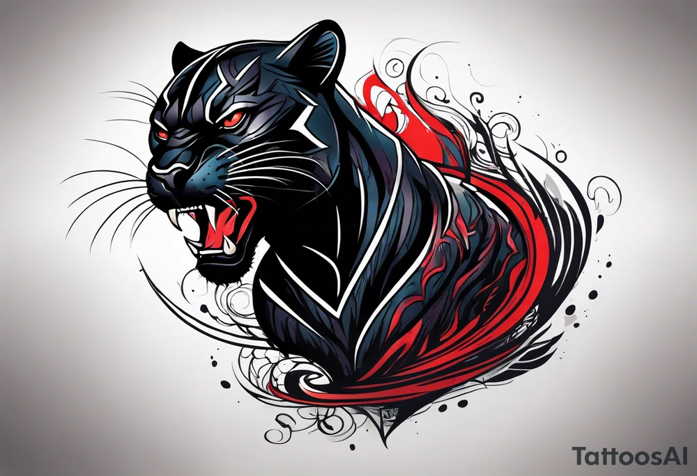 unique black panther tattoo, dynamic pose, showcasing its strength and grace, striking red eyes, intense and captivating elements, artistic flair, blending realism with abstract elements tattoo idea