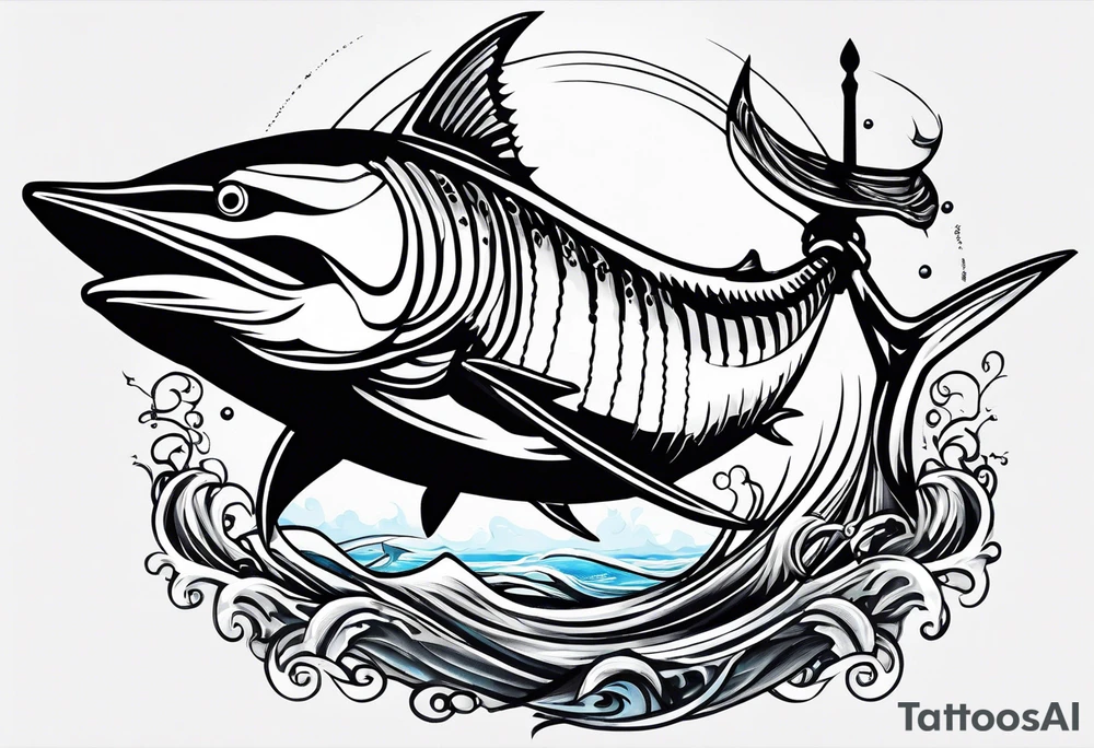 viking superhero catching a blue marlin with tuna jumping tattoo idea