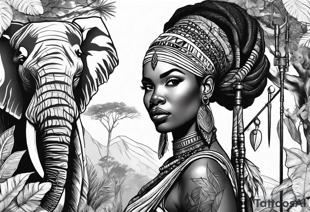 African woman warrior holding spear with deadlocks and earrings. With leafs, trees, birds and Elephants in the background tattoo idea