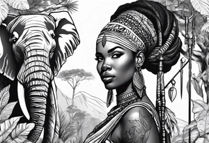 African woman warrior holding spear with deadlocks and earrings. With leafs, trees, birds and Elephants in the background tattoo idea