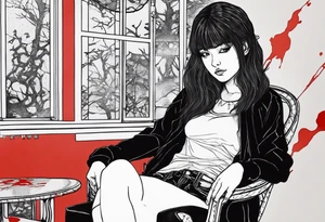 Portrait of tomie sitting on a chair. Tomie is a character of the autor junji ito
 Add some blood marks around tattoo idea