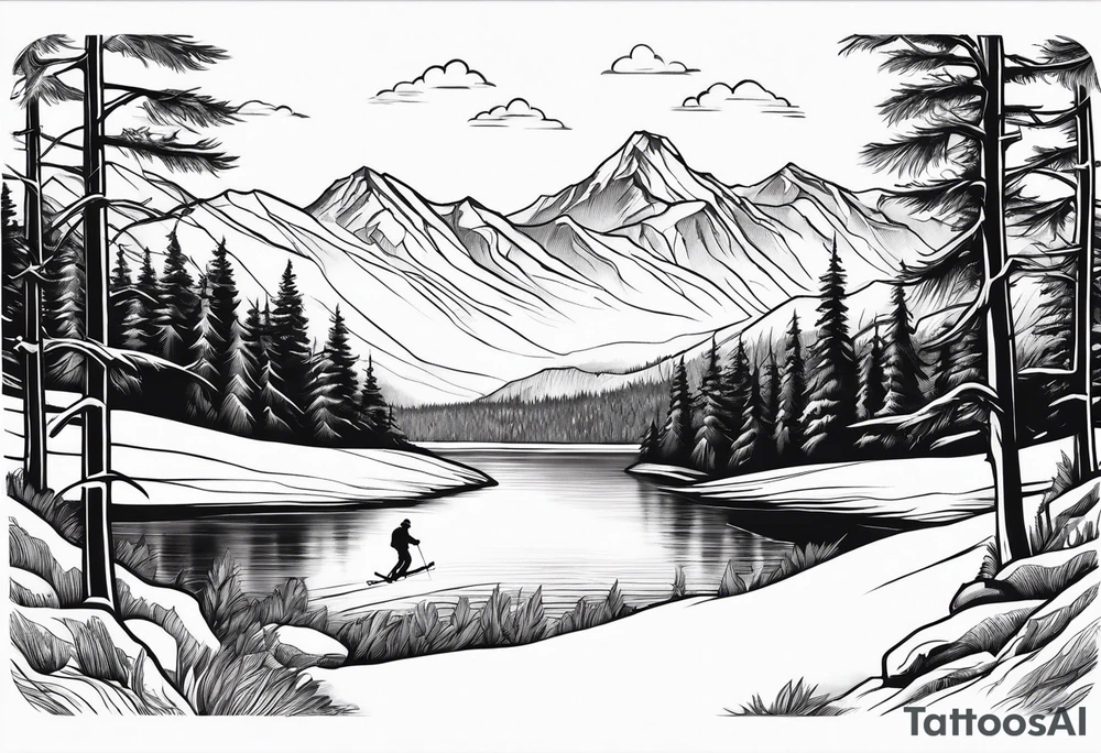 snow skier in distance coming down mountain in distance with trees and mountains and lake at bottom tattoo idea