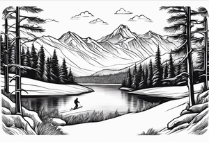 snow skier in distance coming down mountain in distance with trees and mountains and lake at bottom tattoo idea