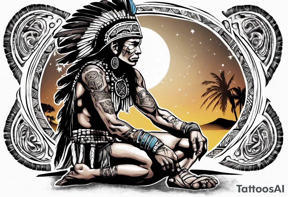 a heartbroken, tired, mayan warrior seeking peace after fighting for decades kneeling under the moonlight looking up to the sky tattoo idea