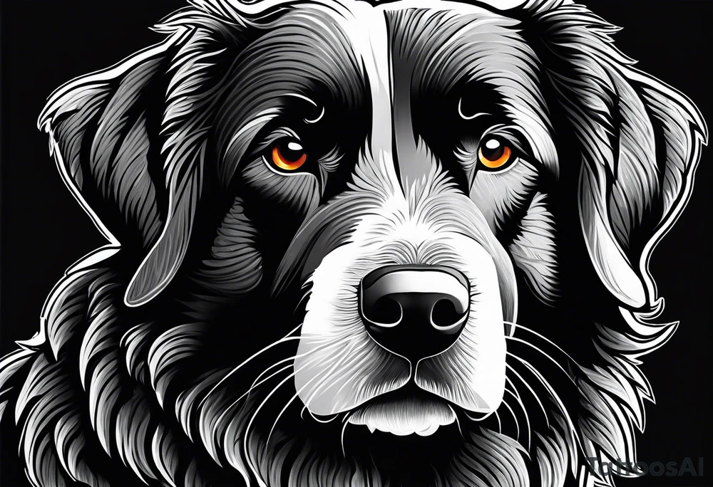 Sheepdog all black short hair with white nose one eye open one eye closed . Muay Thai symbol behind him tattoo idea