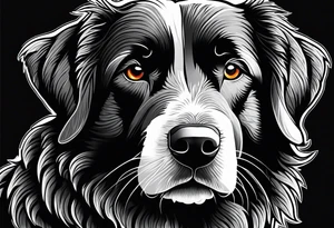 Sheepdog all black short hair with white nose one eye open one eye closed . Muay Thai symbol behind him tattoo idea