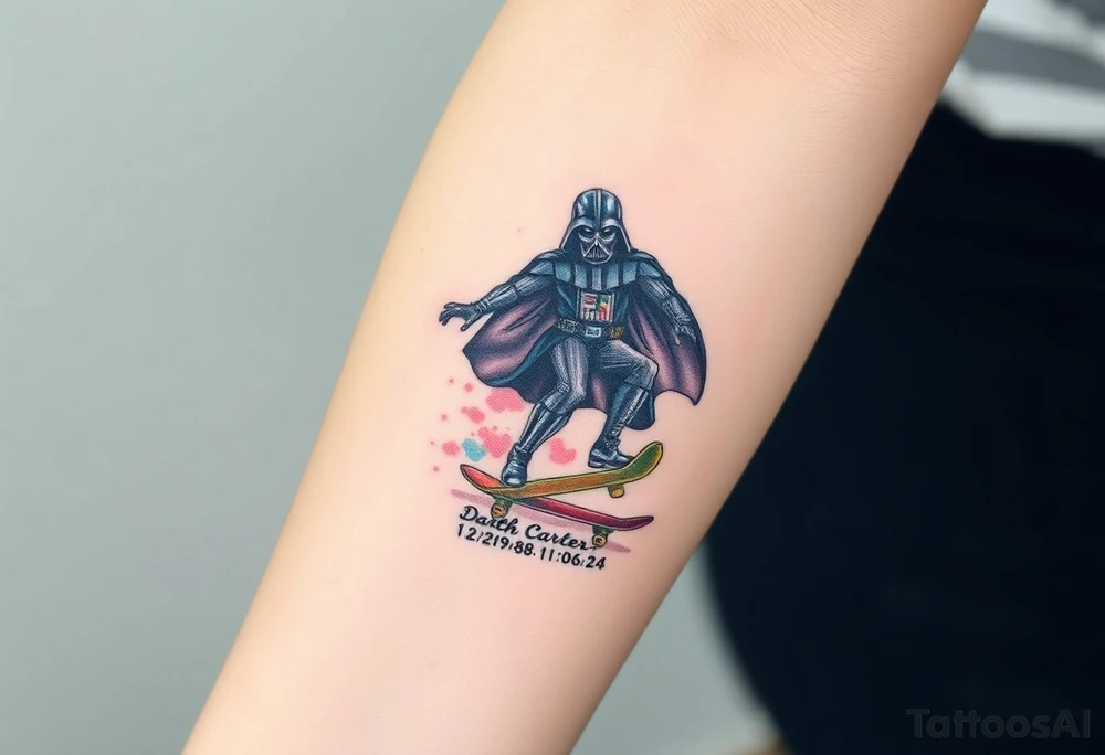 Darth Vader skateboarding > bullets > in loving memory > colors
add words "Darth Carter" to skateboard
add date 12/29/88-01/06/24 tattoo idea