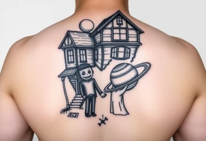 Haunted house 
Friends holding hands 
Ill love you to the moon and to saturn tattoo idea