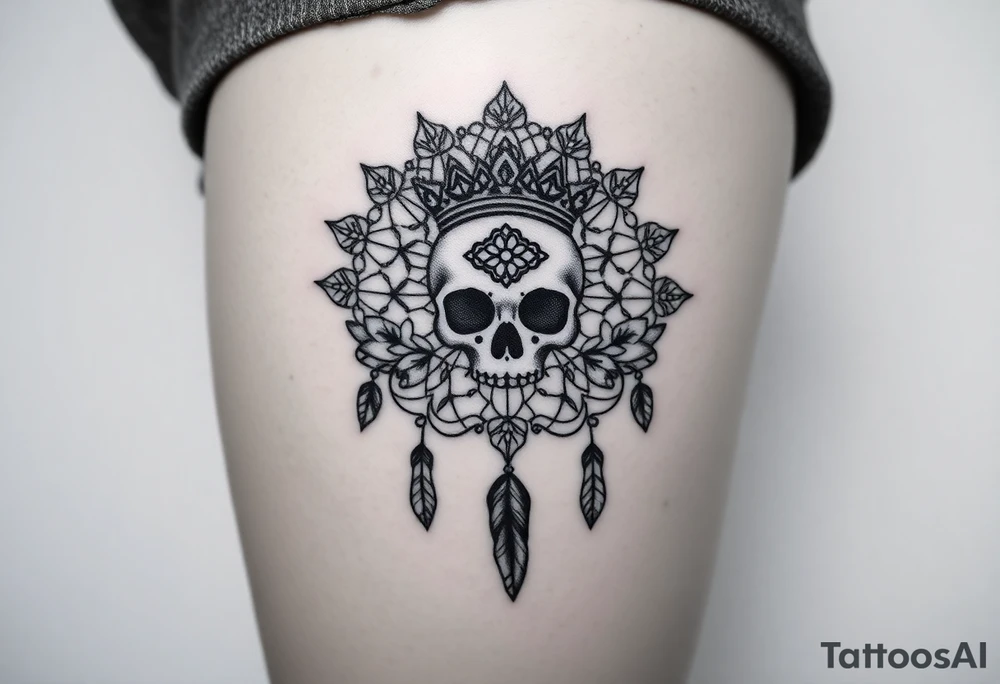 Mandala dream catcher lace with delicate skull and flowers wearing elegant crown tattoo idea