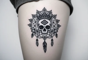 Mandala dream catcher lace with delicate skull and flowers wearing elegant crown tattoo idea