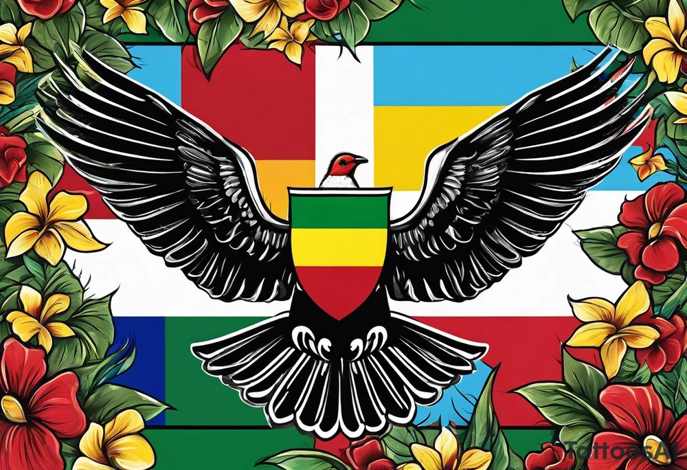 Ghana flag,Curaçao flag, flowers, hummingbirds,  butterflies, Ghana country, Curaçao island tattoo idea